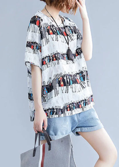 White O-neck Character Print Cotton Tops Summer