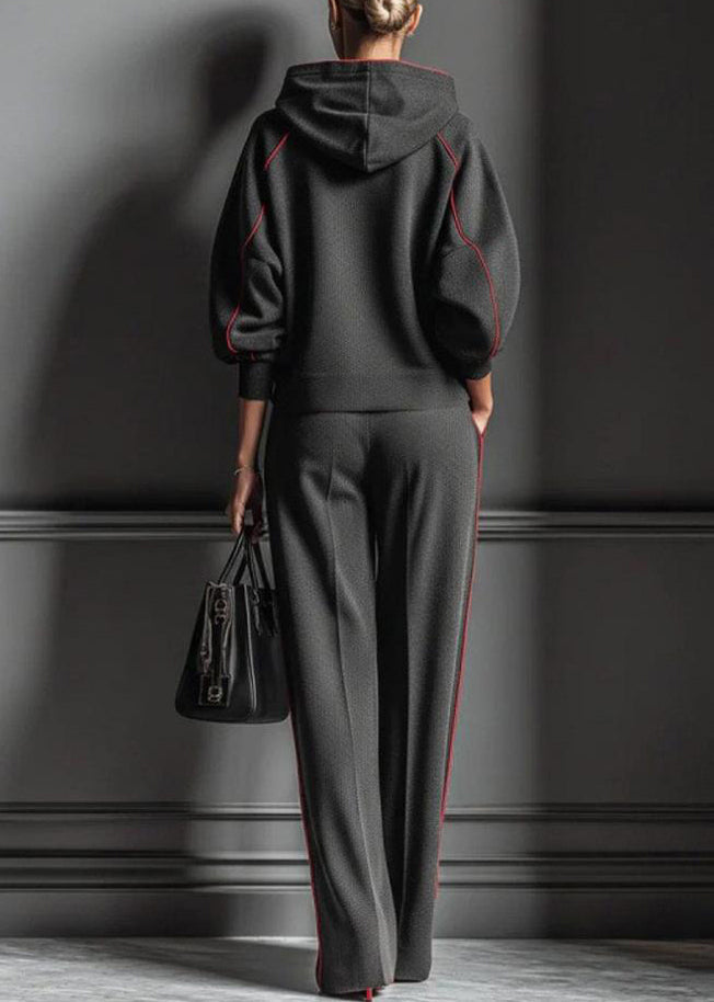 Dark Gray Hooded Striped Sweatshirts and Pants Cotton Two Pieces Set Spring