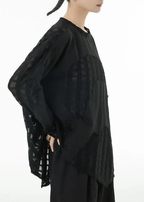 Black Asymmetrical Patchwork Cotton Top Spring