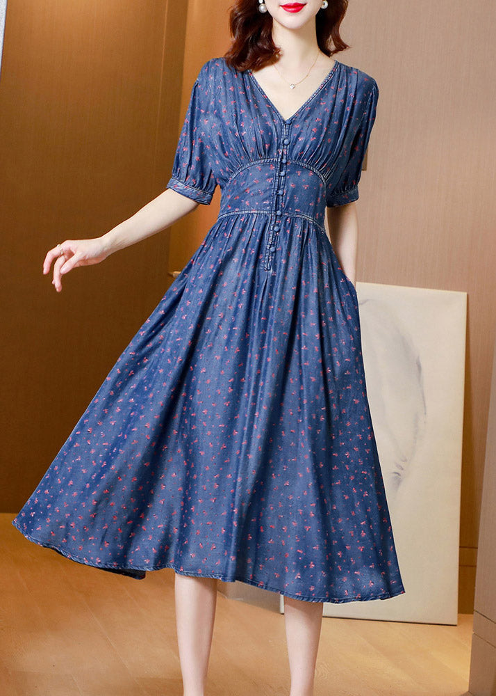 V Neck Print Tunic Silk Denim Long Dress Short Sleeve Summer