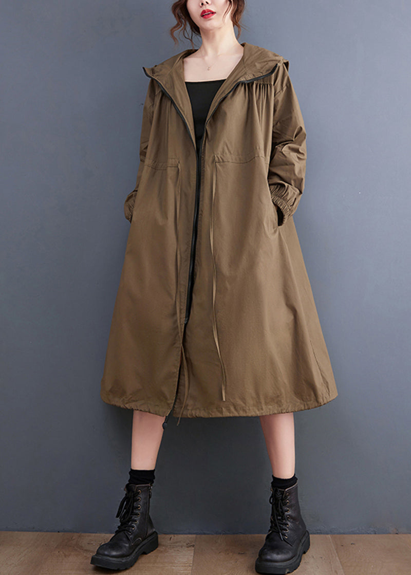 Coffee Zip Up Drawstring Wrinkled Cotton Hoodie Coat Spring