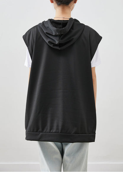Black Hooded Drawstring Cotton Vest Fall
