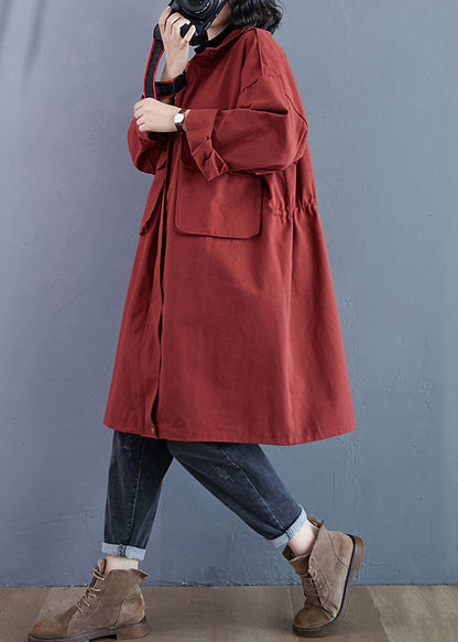 Brick Red Zip Up Pockets Patchwork Cotton Trench Coats Fall