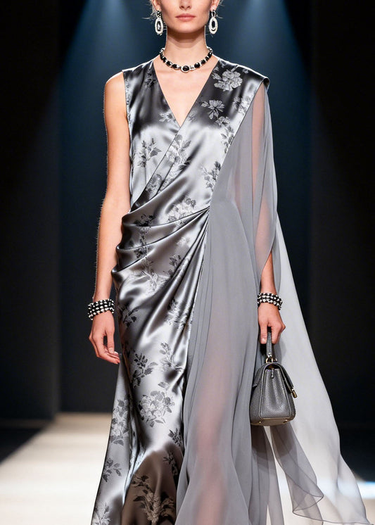 Fine V Neck Asymmetrical Design Print Patchwork Chiffon Dress Summer