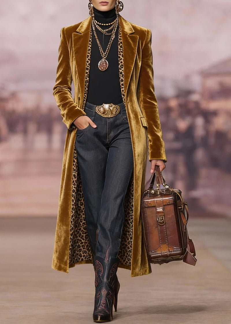 Handmade Yellow Peter Pan Collar Pockets Velvet Trench Spring