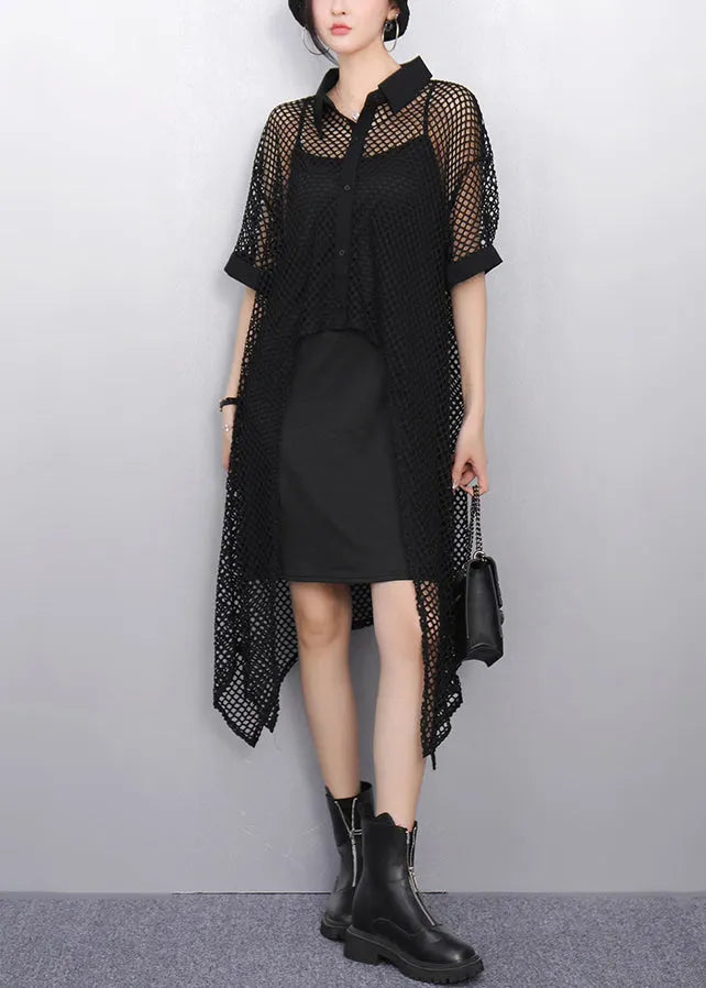 New White Peter Pan Collar Hollow Out Long Tops Summer