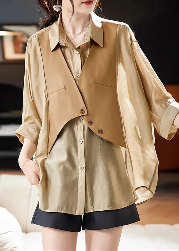 Khaki Peter Pan Collar Patchwork Button Shirts Half Sleeve