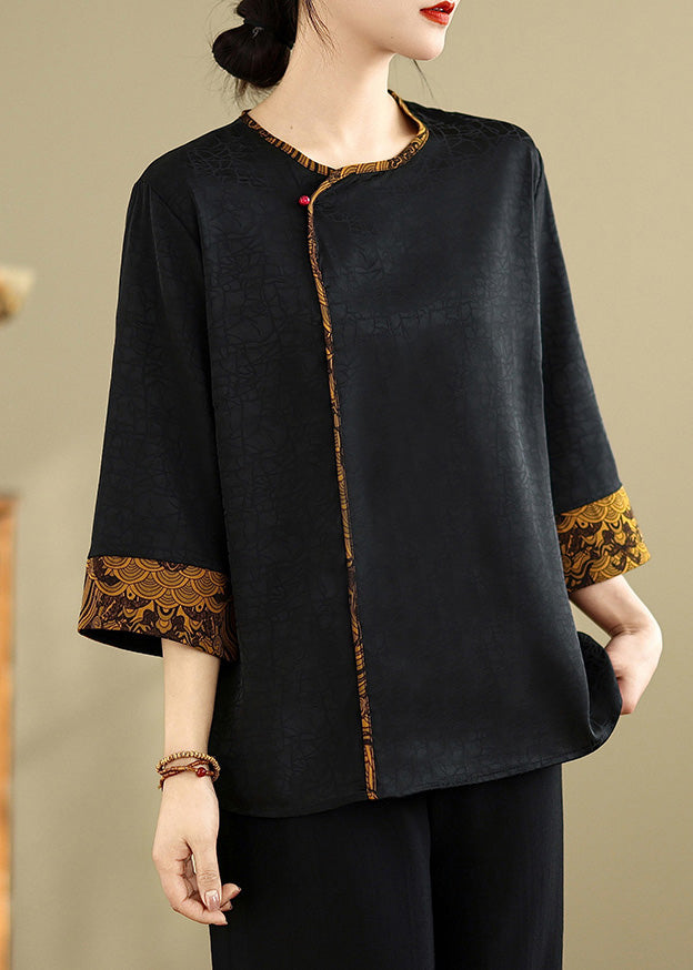 Black Oversized Patchwork Silk Blouses Bracelet Sleeve