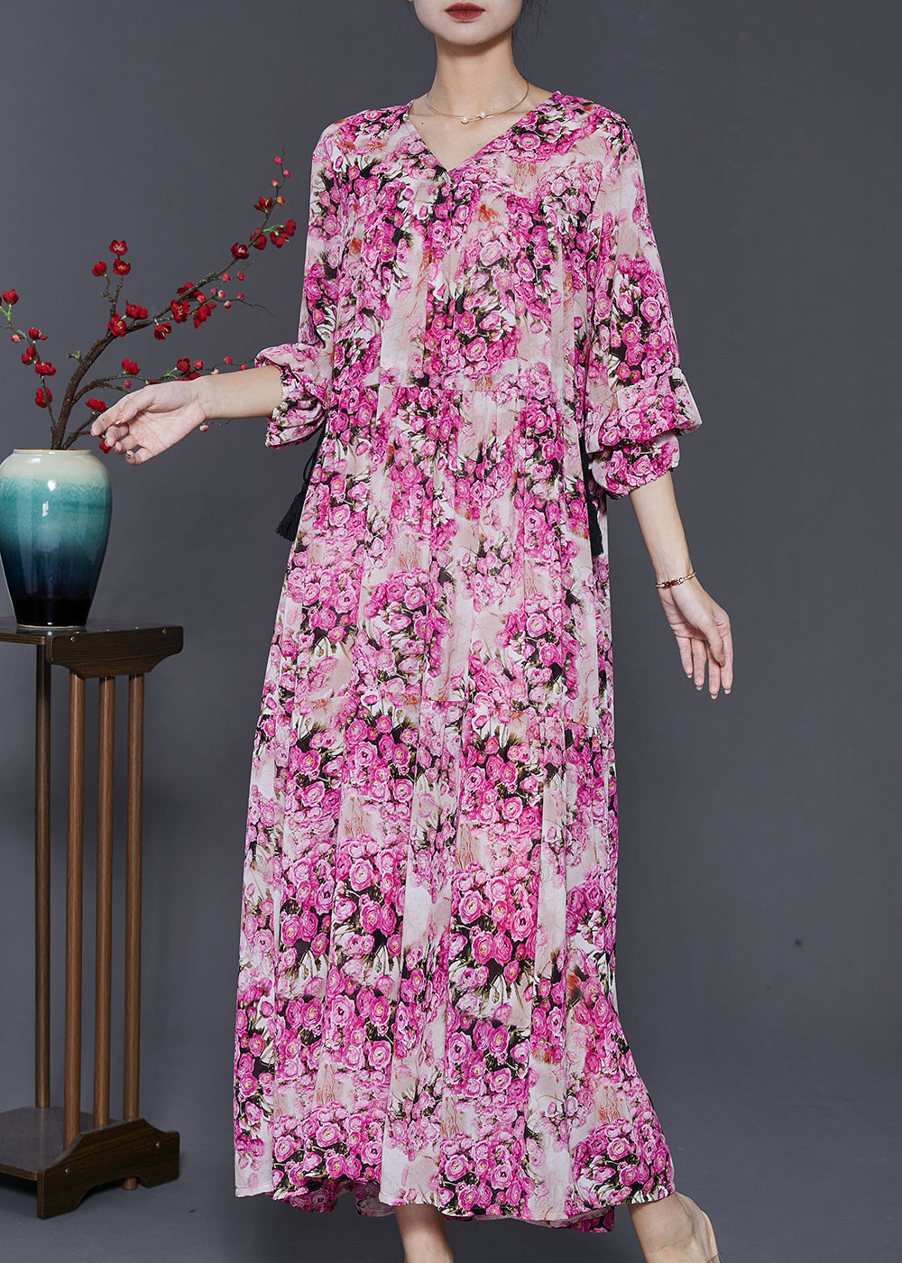Pink Cinched Print Chiffon Robe Dresses Spring