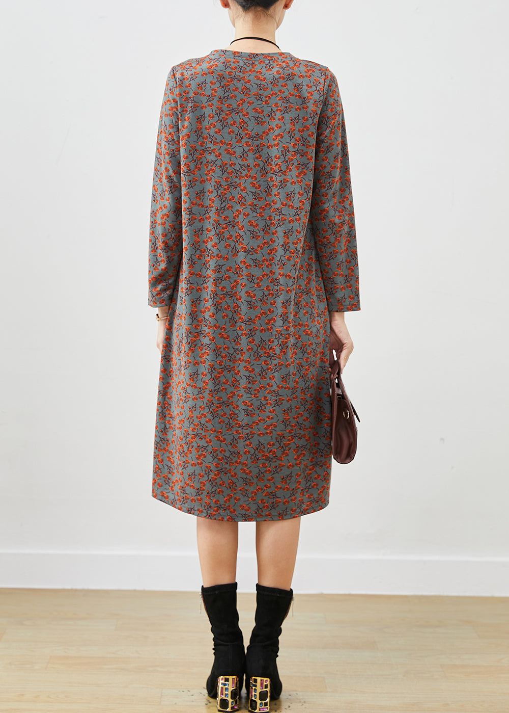 Grey Print Cotton Long Dress Spring