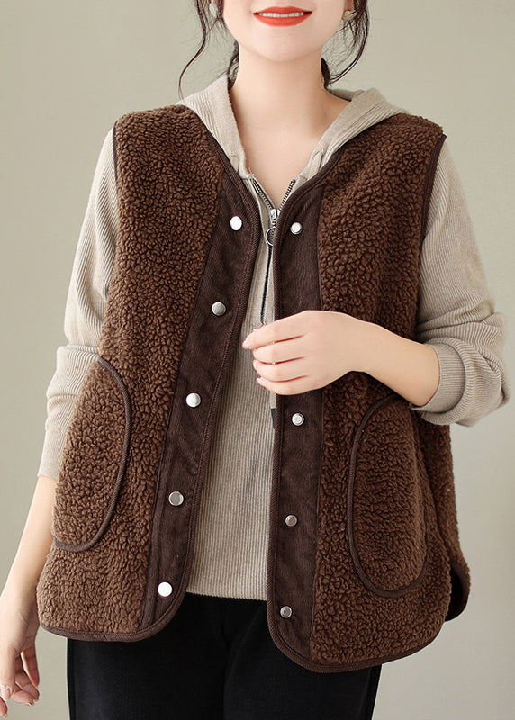 Brown Button Pockets Teddy Faux Fur Waistcoat Sleeveless