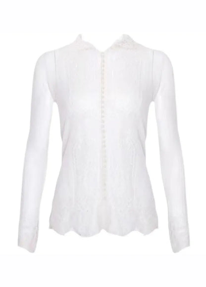White V Neck Pearl Button Lace Shirt Long Sleeve