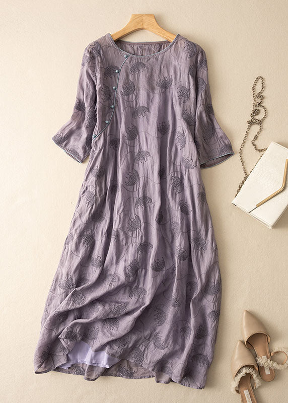 Purple O-neck Embroideried Patchwork Linen Dress Summer