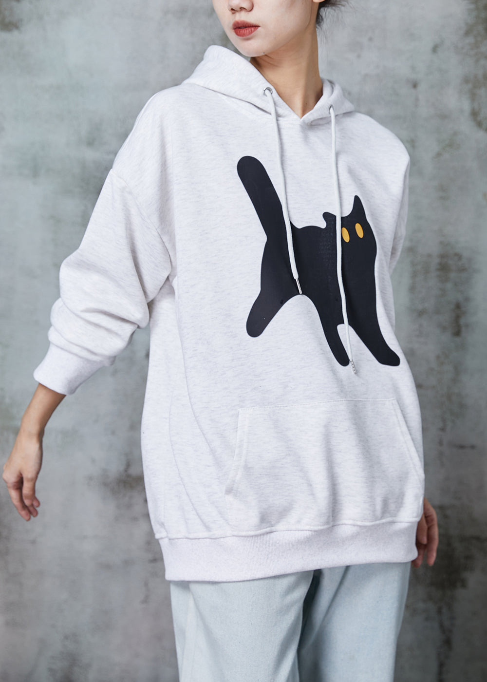 Grey Hooded Cat Print Warm Fleece Sweatshirt Tops Spring