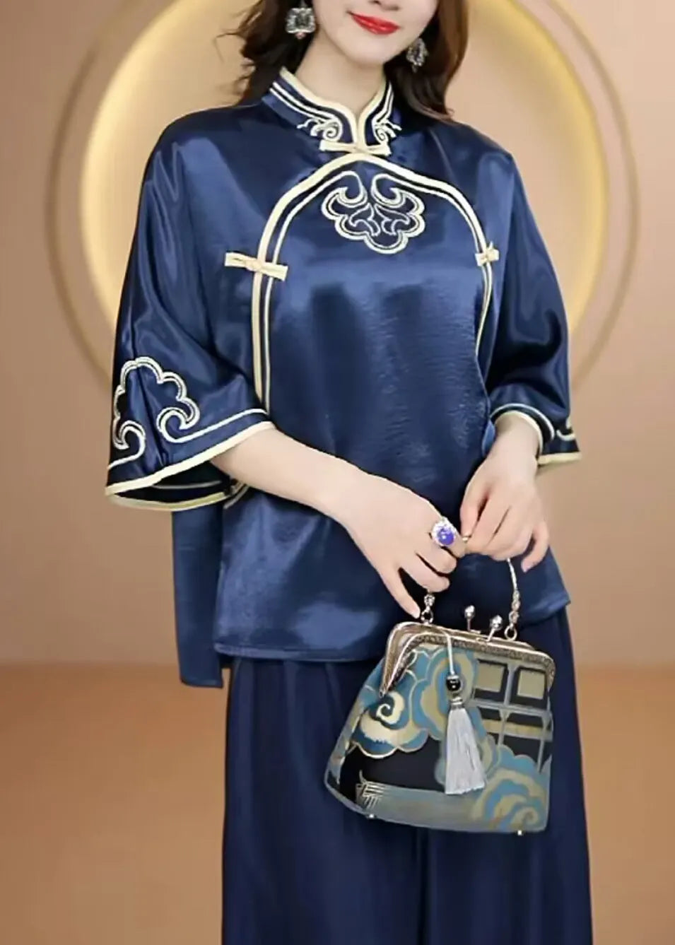 Navy Stand Collar Embroidered Silk Top Flare Sleeve