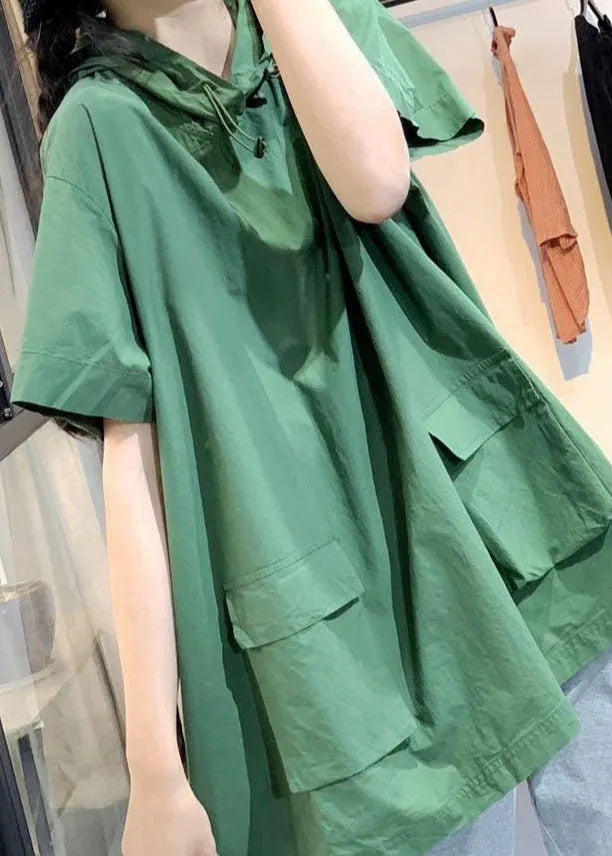 Green Hooded Pockets Drawstring Fall Short Sleeve Blouses