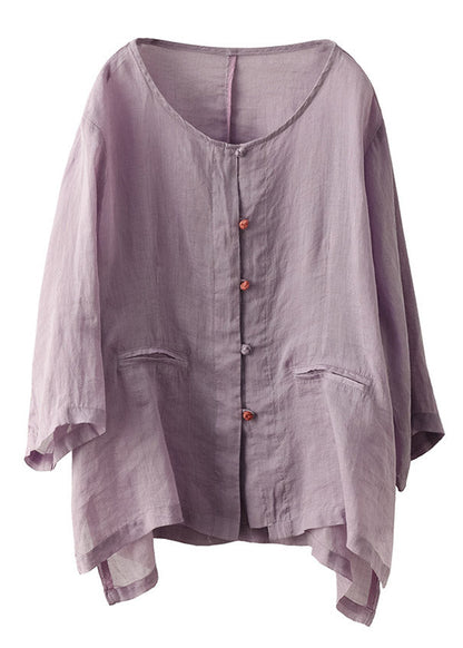 Purple O-neck Button Linen Shirt Long Sleeve