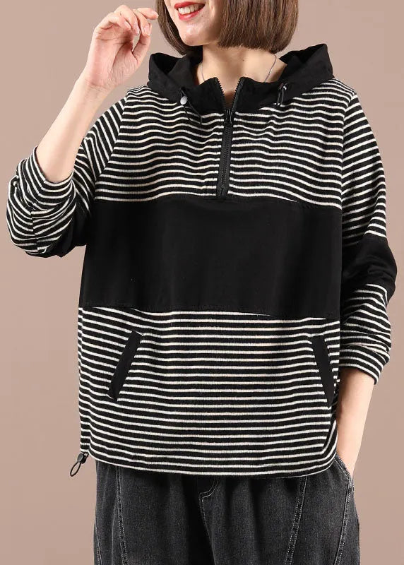 Black Patchwork Striped Hooded Pockets Fall Pullover
