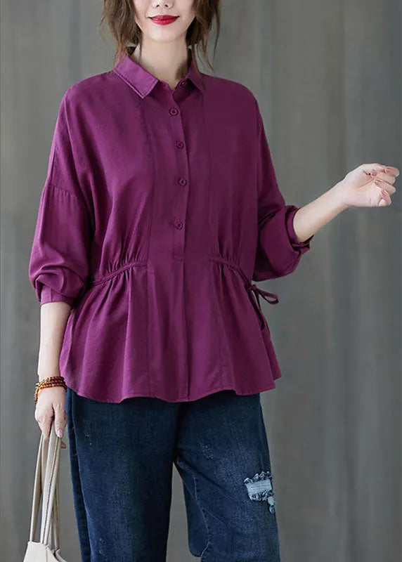 Purple Loose Button Tie Waist Fall Shirt Long Sleeve