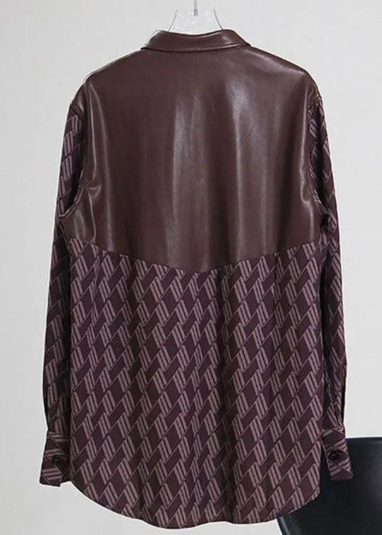 Loose Print Pu Patchwork Shirts Spring