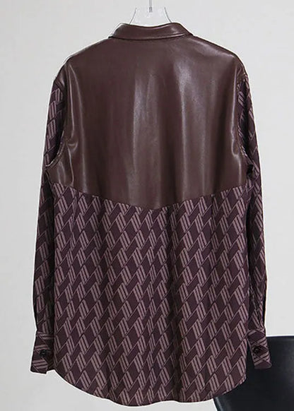 Loose Print Pu Patchwork Shirts Spring
