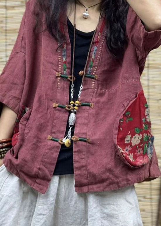 Green V Neck Pockets Chinese Button Patchwork Linen Coats Summer