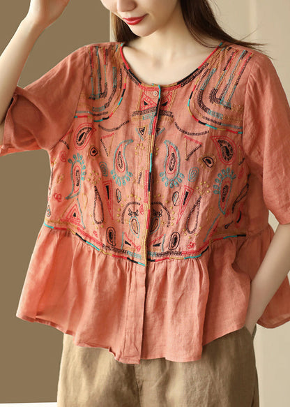 Classy Purple O-neck Embroideried Patchwork Linen Blouse Tops Summer