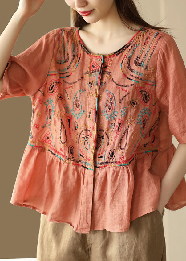 Classy Purple O-neck Embroideried Patchwork Linen Blouse Tops Summer