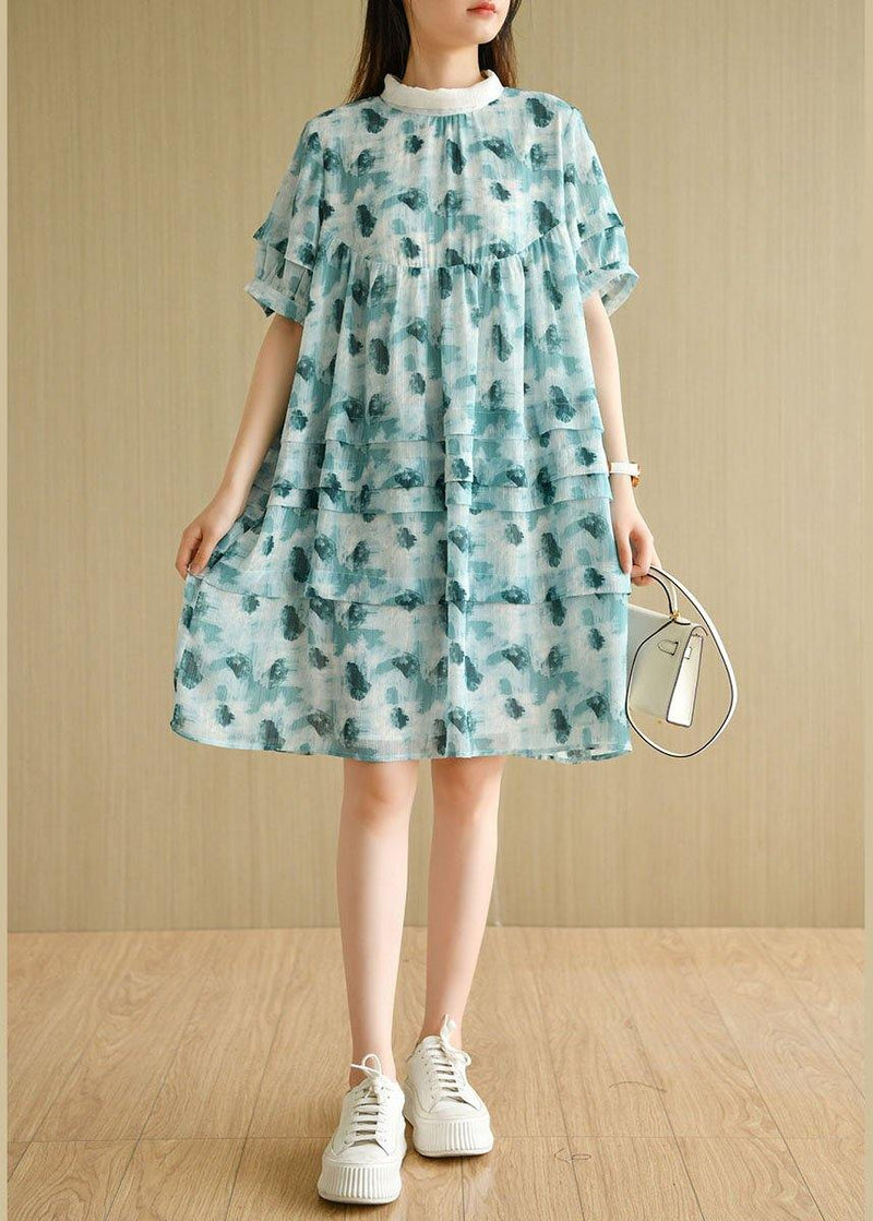 Green Peter Pan Collar Print Summer Cotton Dress Short Sleeve