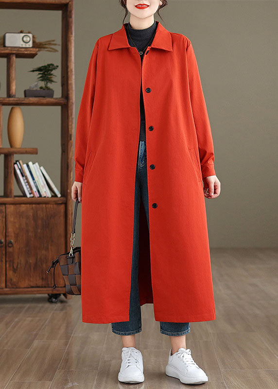 Red Peter Pan Collar Pockets Long Trench Coat Long Sleeve