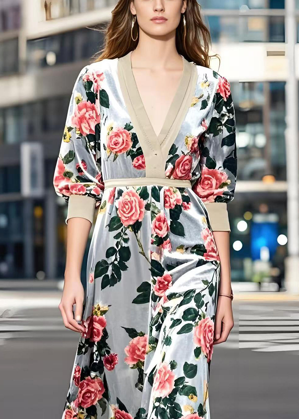 Light Grey Cinched Silk Velour Maxi Dress Spring