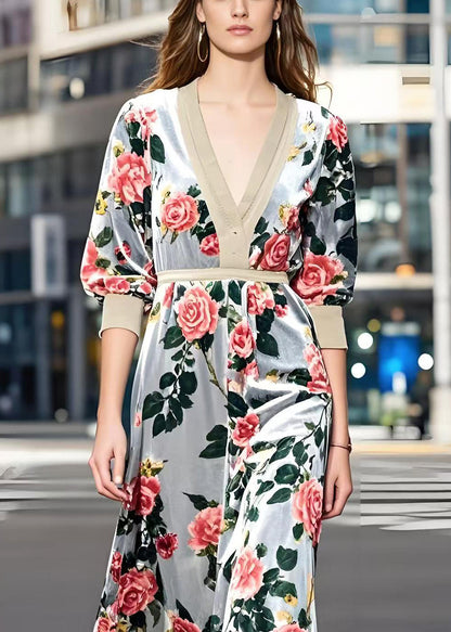 Light Grey Cinched Silk Velour Maxi Dress Spring