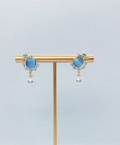 Vogue Blue Copper Overgild Zircon Pearl Cat's Eye Stone Drop Earrings