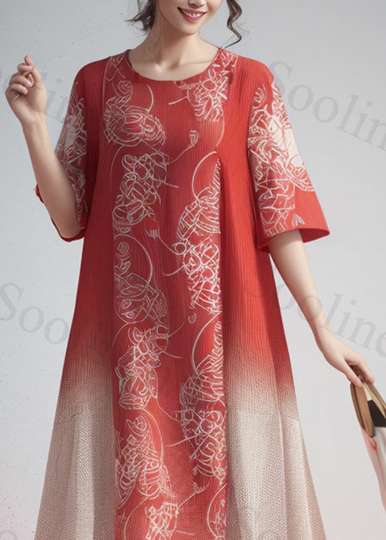 French Gradient Color O Neck Print Silk Dresses Summer