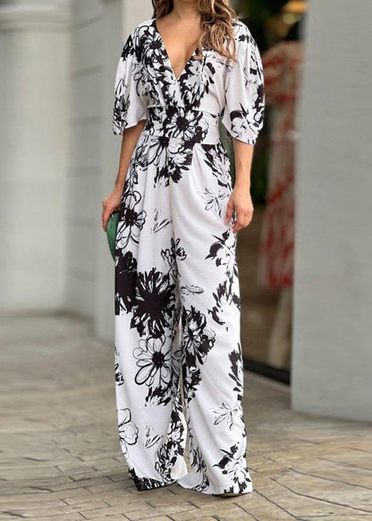 Yellow V Neck Print Cotton Jumpsuit Summer