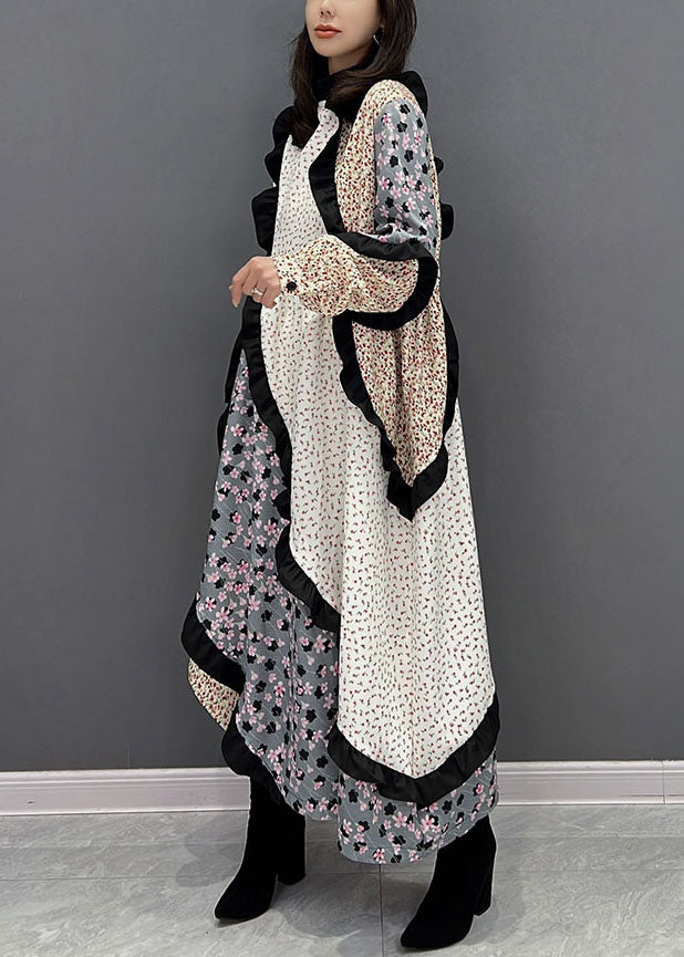 Colorblock Stand Collar Asymmetrical Patchwork Ruffles Long Dress Fall