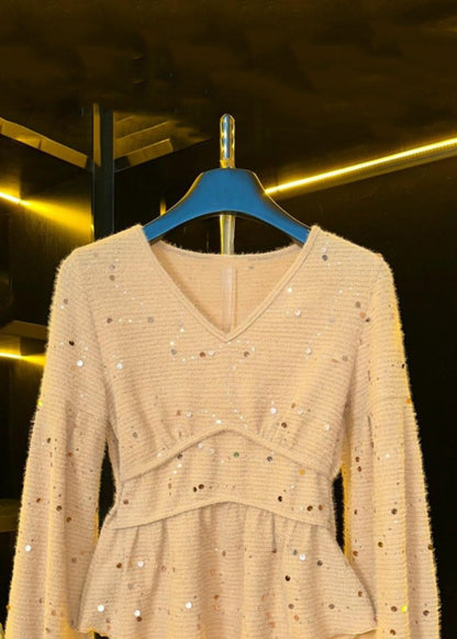 Khaki V Neck Sequins Cotton T Shirts Fall