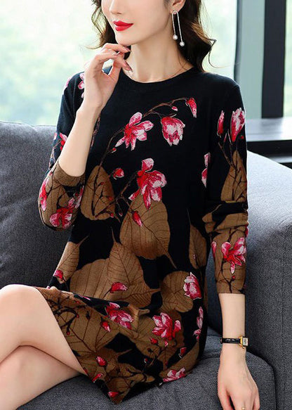 Loose Black O-neck Print Knit Mid Dress Spring