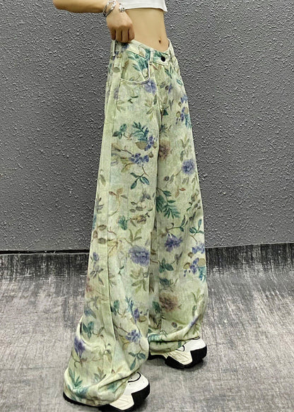 Stylish Green Print High Waist Denim Pants Summer