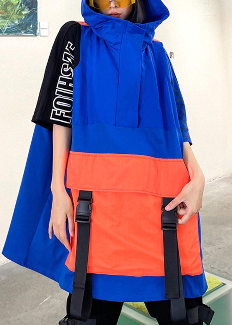 French Navy Spring Hooded Patchwork Tops Half Sleeve