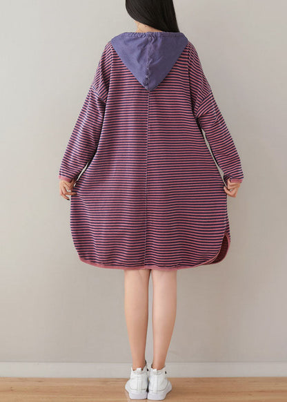 Purple Hooded Striped Print Cotton Sweatshirt Dress Spring