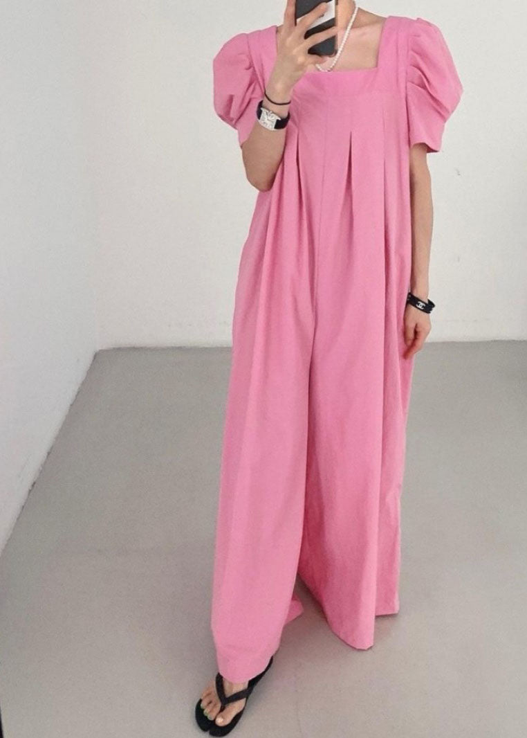 Rose Square Collar Oversized Linen Jumpsuits Wide Leg Pants Summer