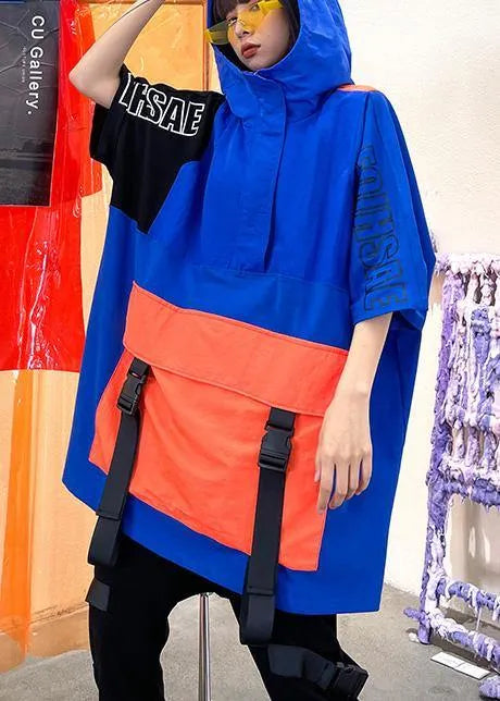 French Navy Spring Hooded Patchwork Tops Half Sleeve