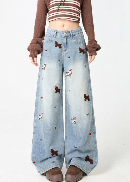 Light Blue Little Dogs Embroidered High Waist Warm Fleece Jeans Spring