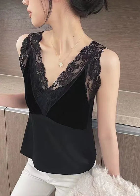 Black Lace Patchwork Silk Tanks Sleeveless