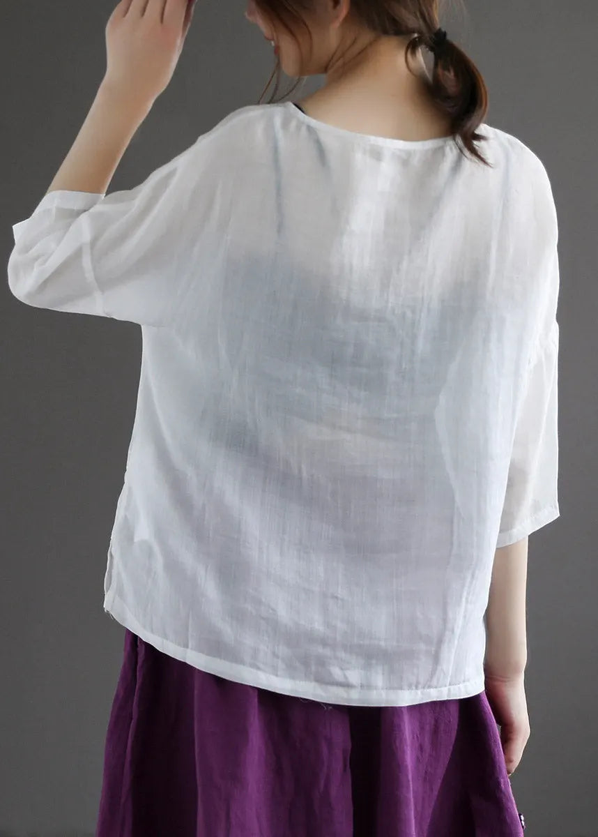 Loose Coffee O-neck Embroideried Button Linen Shirt Half Sleeve