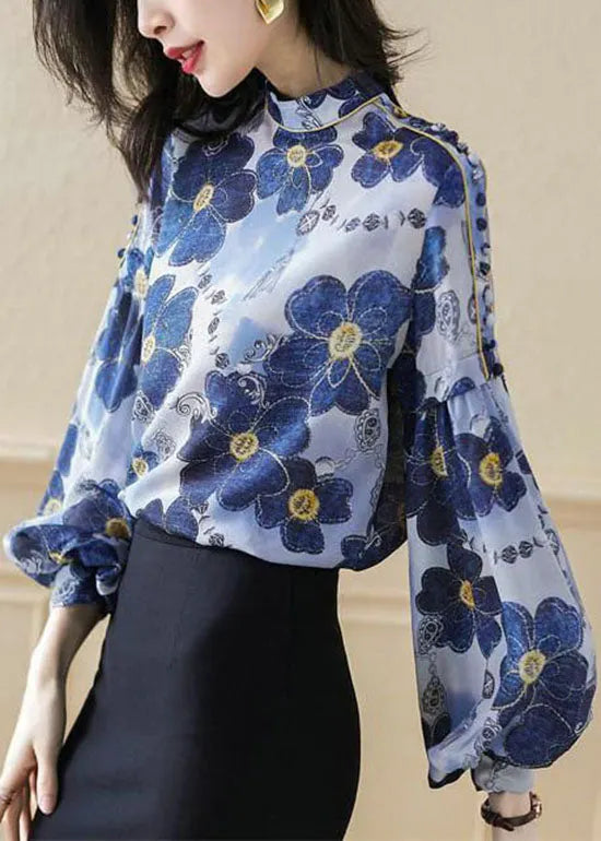Blue Stand Collar Button Print Silk Shirt Top Spring