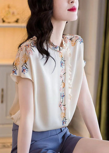 White Stand Collar Asymmetrical Ruffled Print Silk Tops Summer