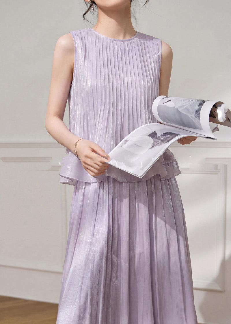Stylish Purple Wrinkled Top and Maxi Skirts Two Pieces Set Summer