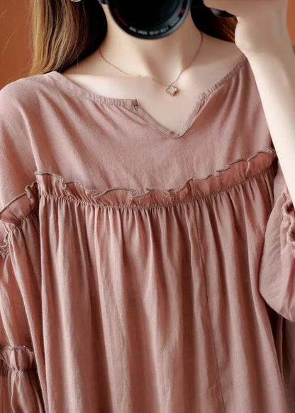 French Pink V Neck Patchwork Fall Three Quarter Sleeve Shirt Top